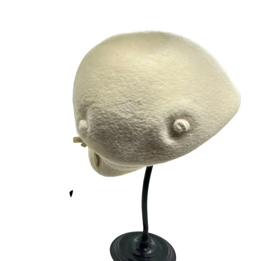 Beaver Fur Cap Hat Mushroom Cream Made in USA & Italy Midcentury Women SZ 7 - Picture 3 of 12